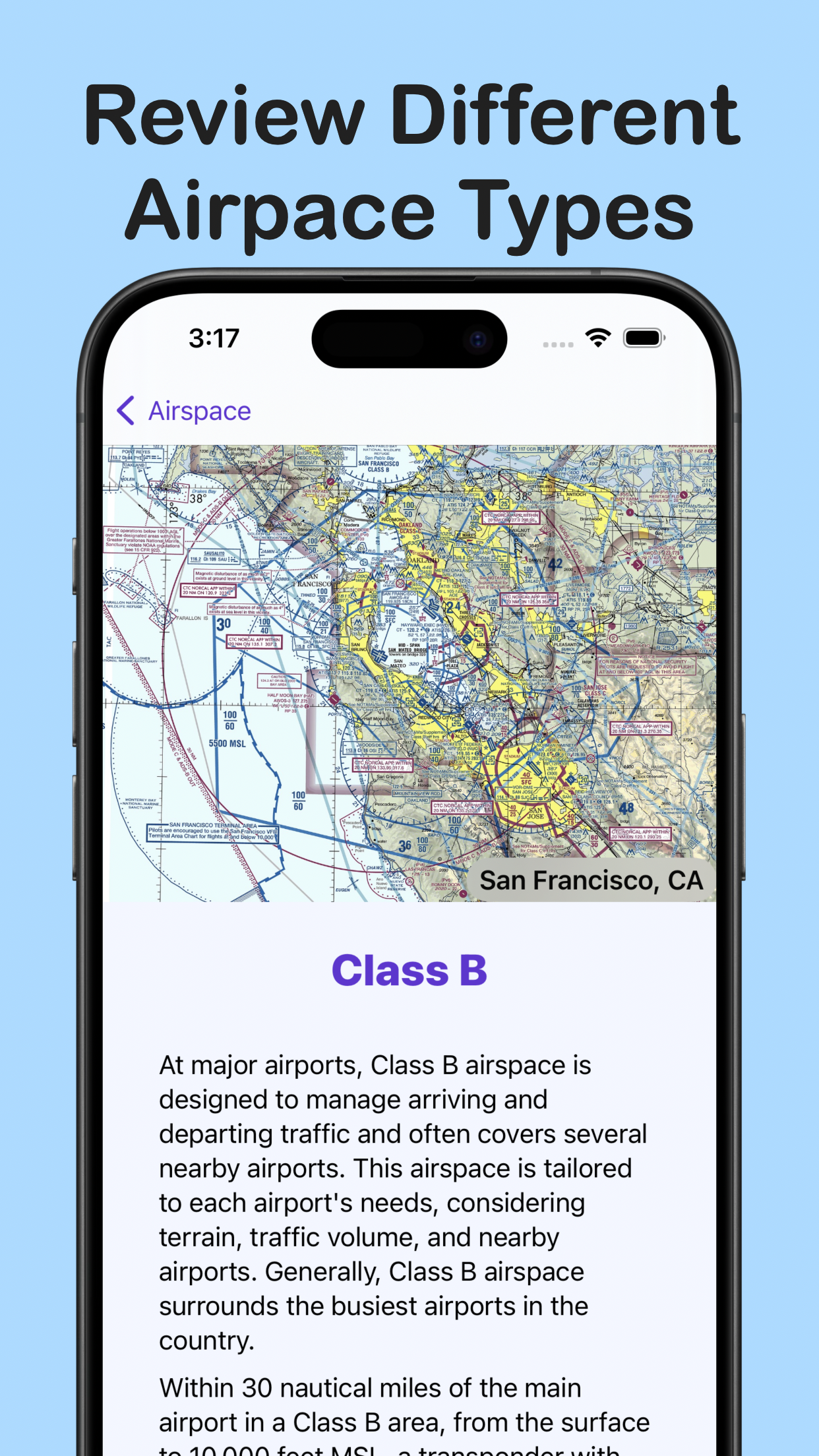 PocketCFI Airspace Review app showing Class B airspace