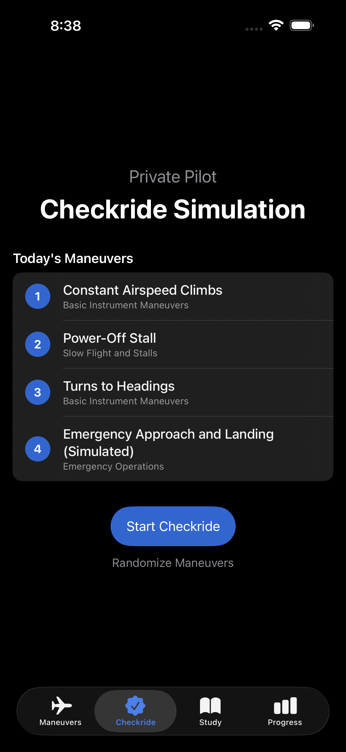 Checkride simulator screen