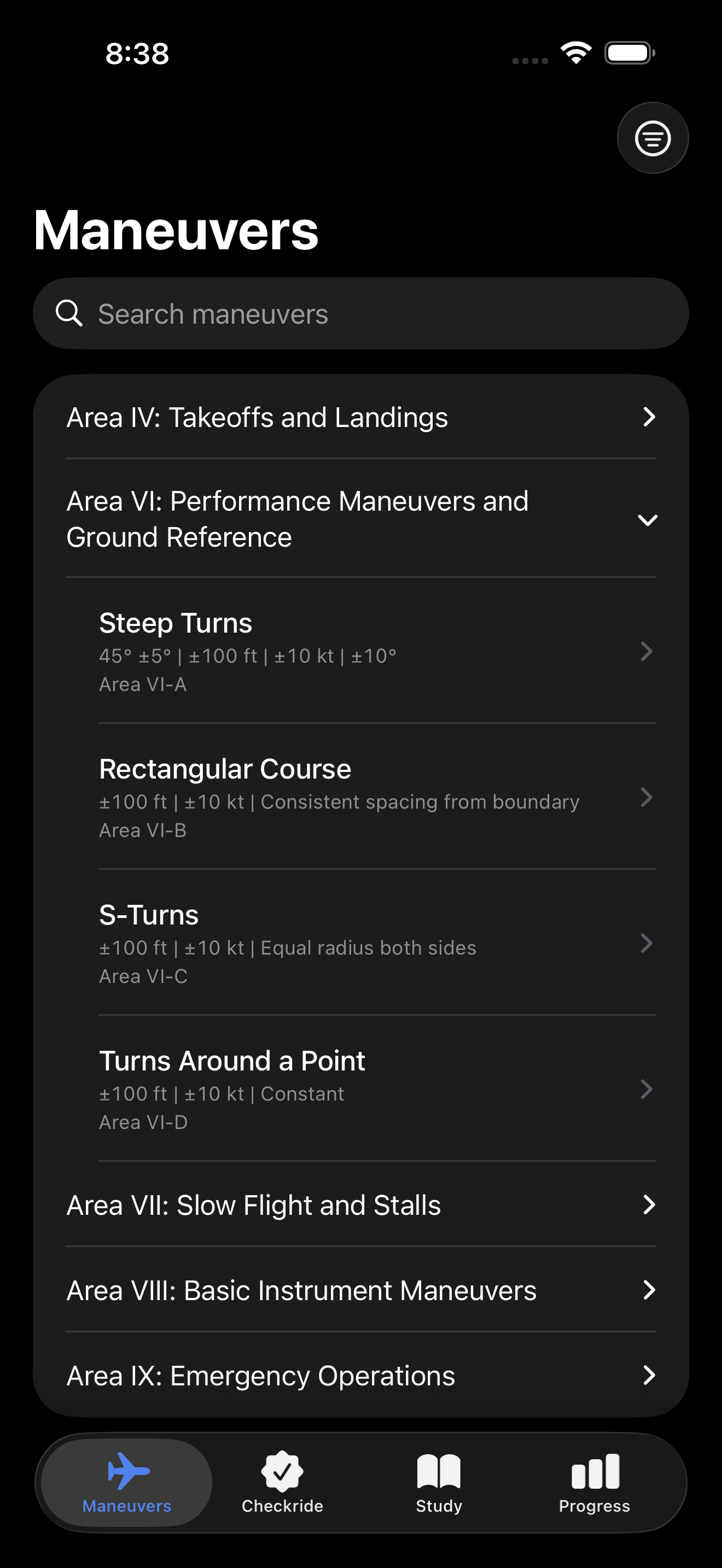 PocketCFI Checkride Ready app showing maneuvers list
