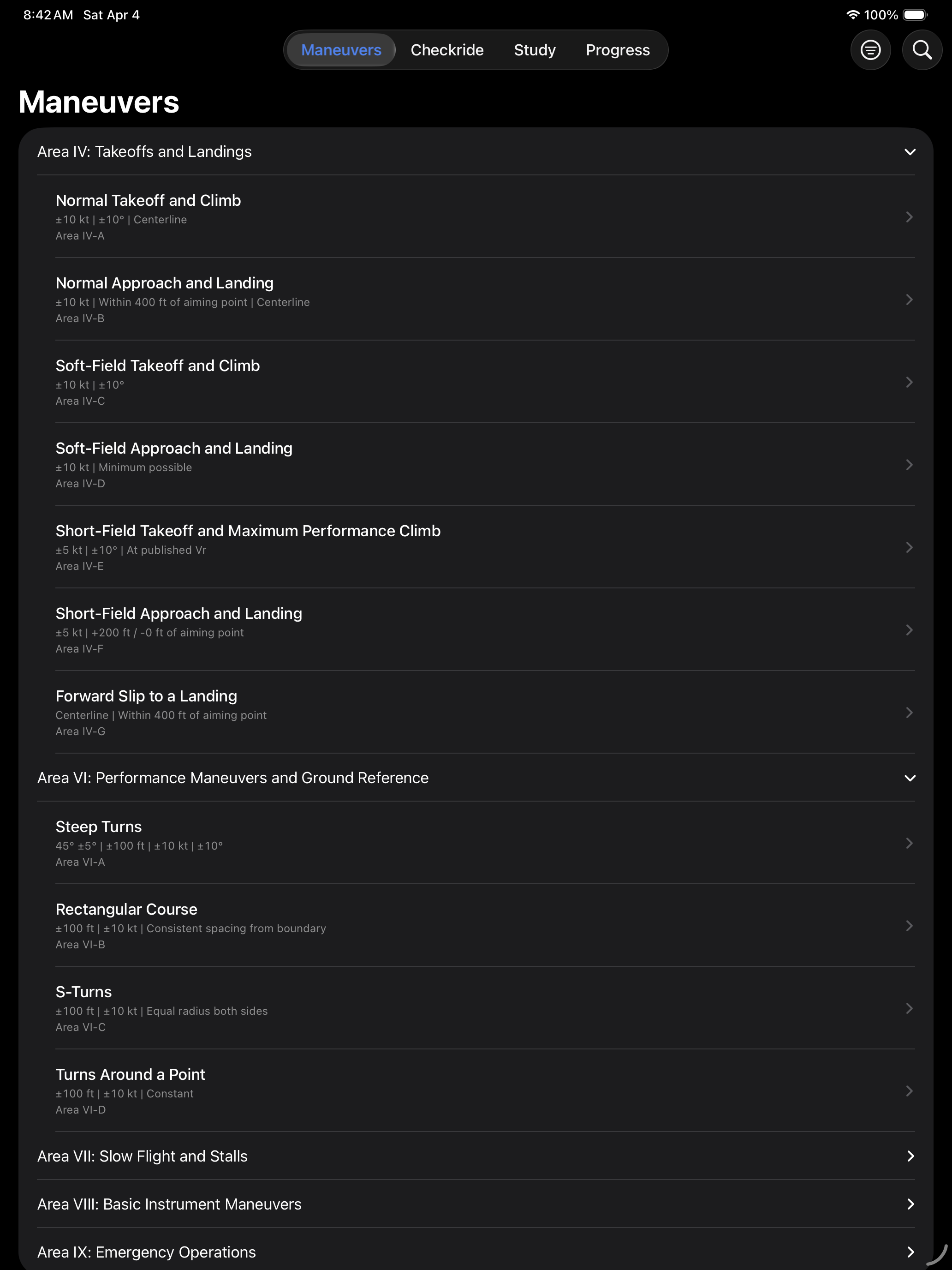 Checkride Ready app showing maneuvers list
