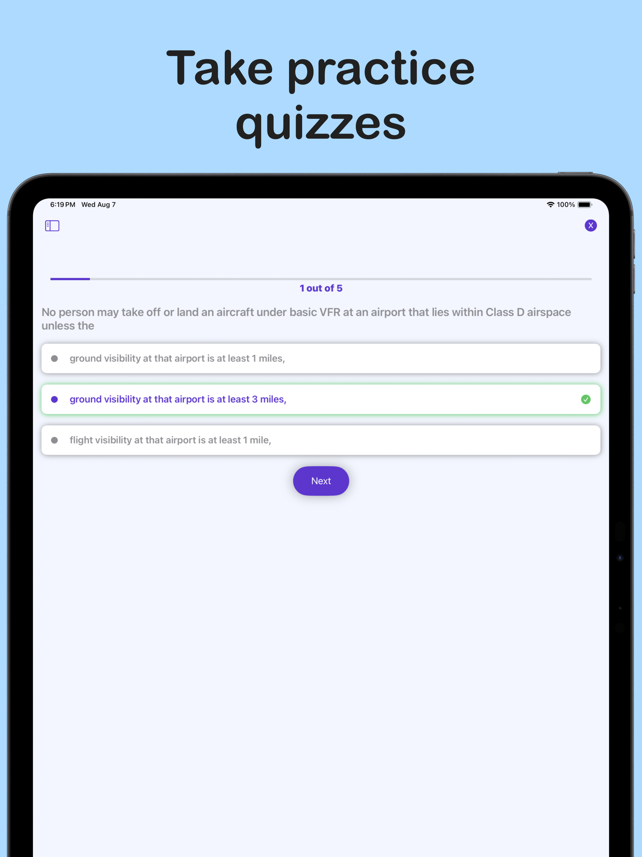 PocketCFI Airspace Review quiz interface on iPad